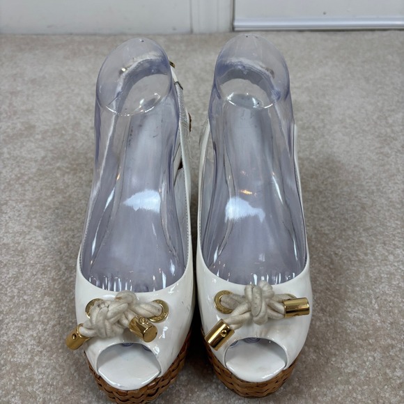 Tory Burch White Patent Leather Rope Detail Wedge Peep Toe Size 8.5 - Picture 2 of 12